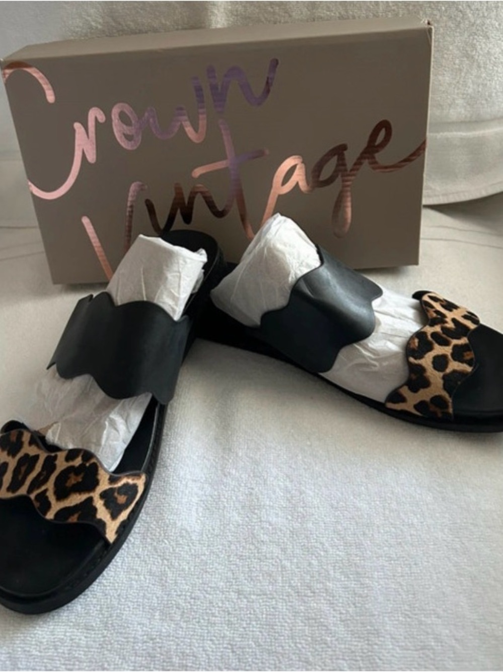 Crown Black Slides with Leopard Print Accents